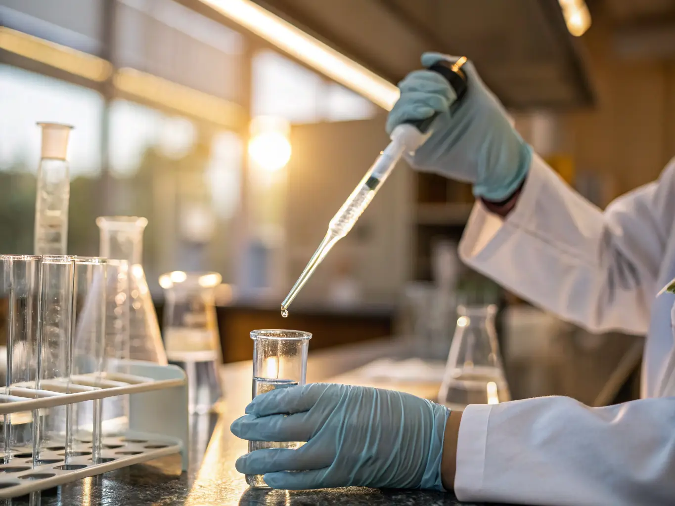 A detailed close-up shot of a chemist's hands carefully analyzing a chemical compound in a laboratory setting, with various beakers and testing equipment visible in the background.
