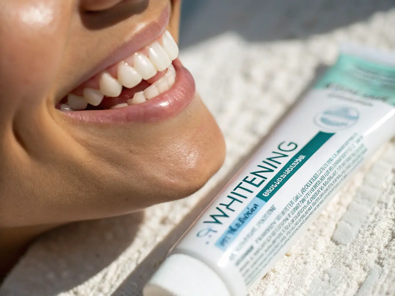 A detailed close-up shot of a tube of toothpaste being squeezed, with a focus on the texture and consistency of the toothpaste. The background is a blurred dental office setting.