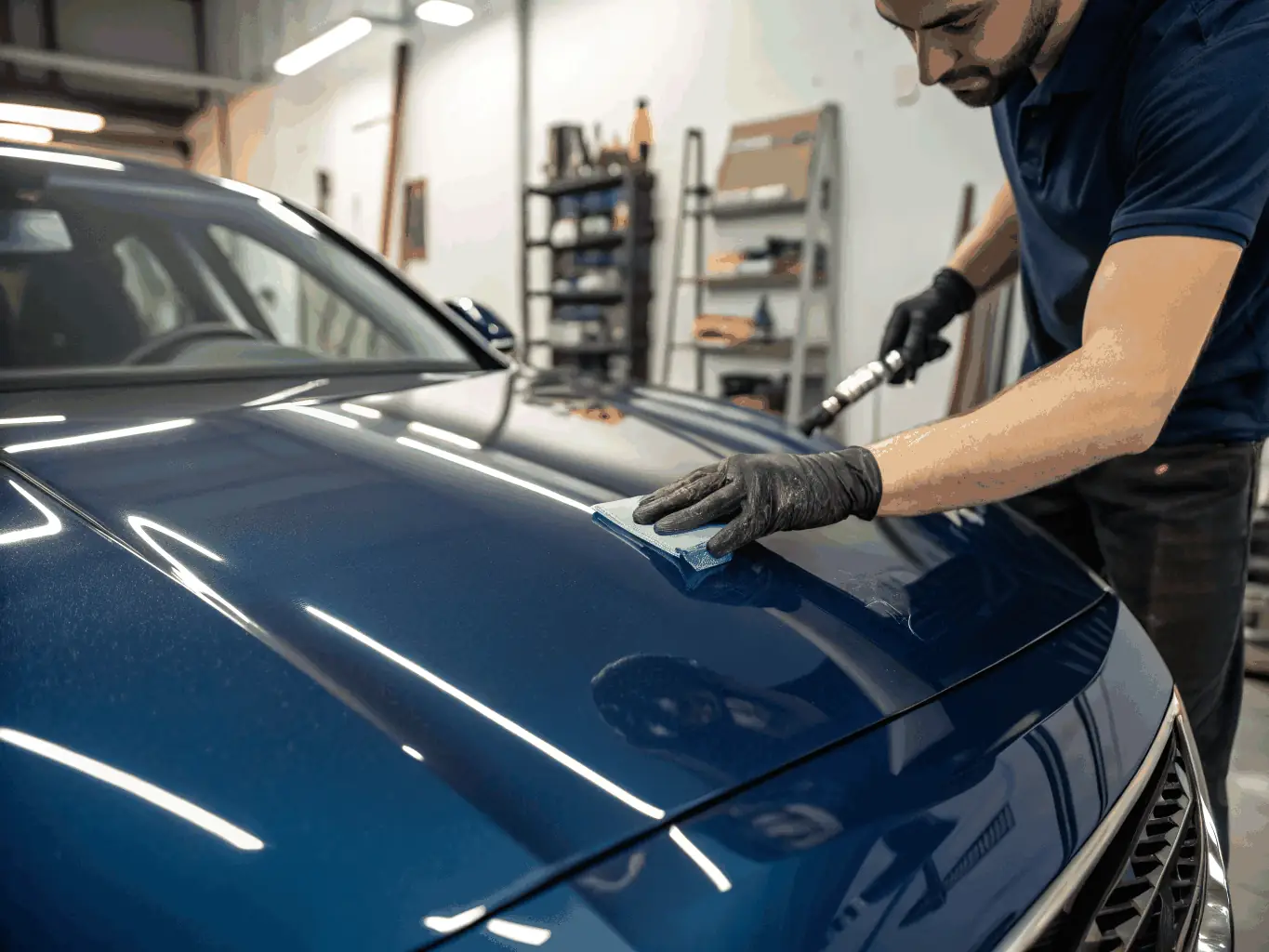 A close-up shot of a car's surface being treated with a protective chemical, highlighting the application process and the advanced technology used by FormulationAnalysis.
