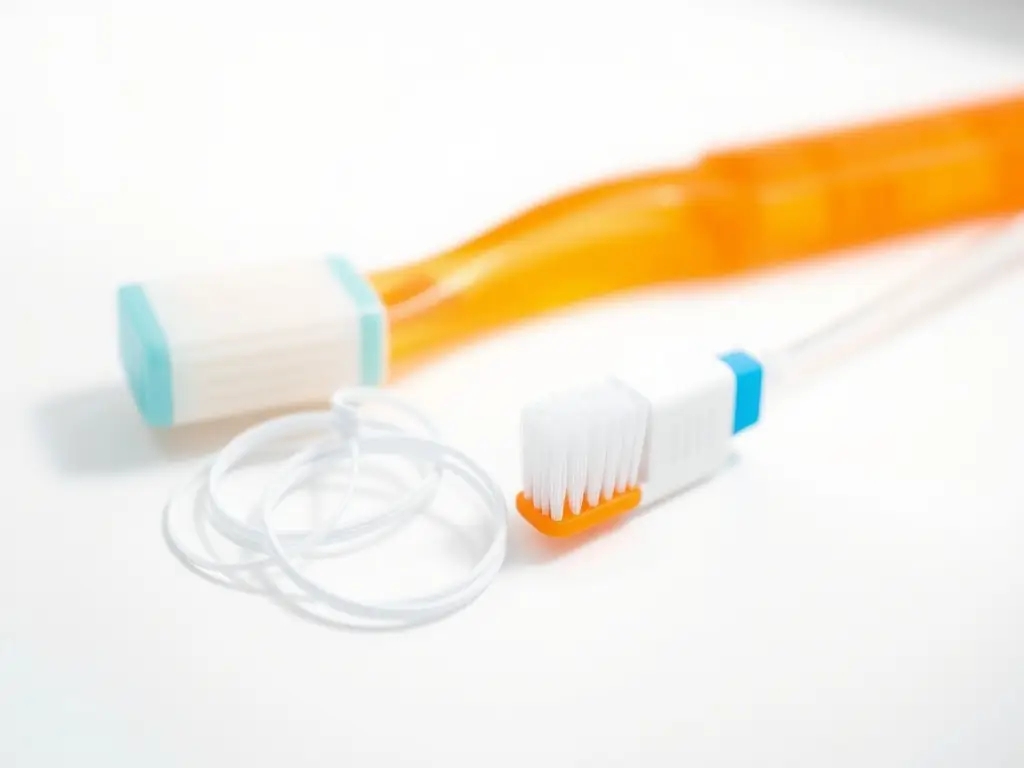 A high-resolution image of various dental products, such as mouthwash, floss, and toothbrushes, arranged neatly on a clean, white surface. The lighting is bright and even, highlighting the products' details.